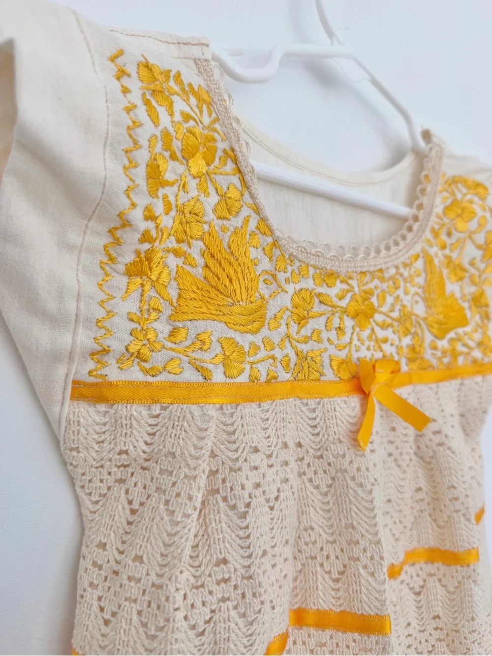 Handmade Mexican Cream and Yellow Embroidered Crochet Kids Dress w Ribbons 3T-4T